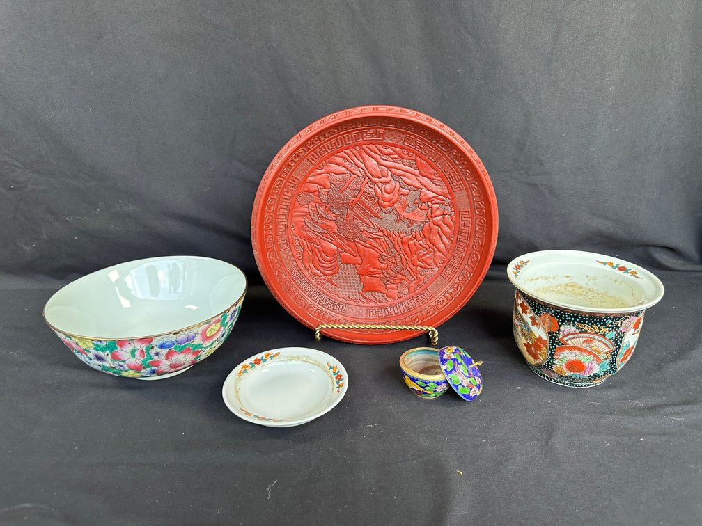 Carved Lacquer Style Plate, Porcelain Bowls, and Cloisonné Box