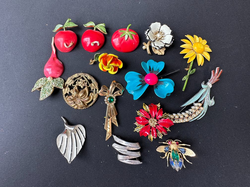 Costume Jewelry Brooches with Enamel and Rhinestones