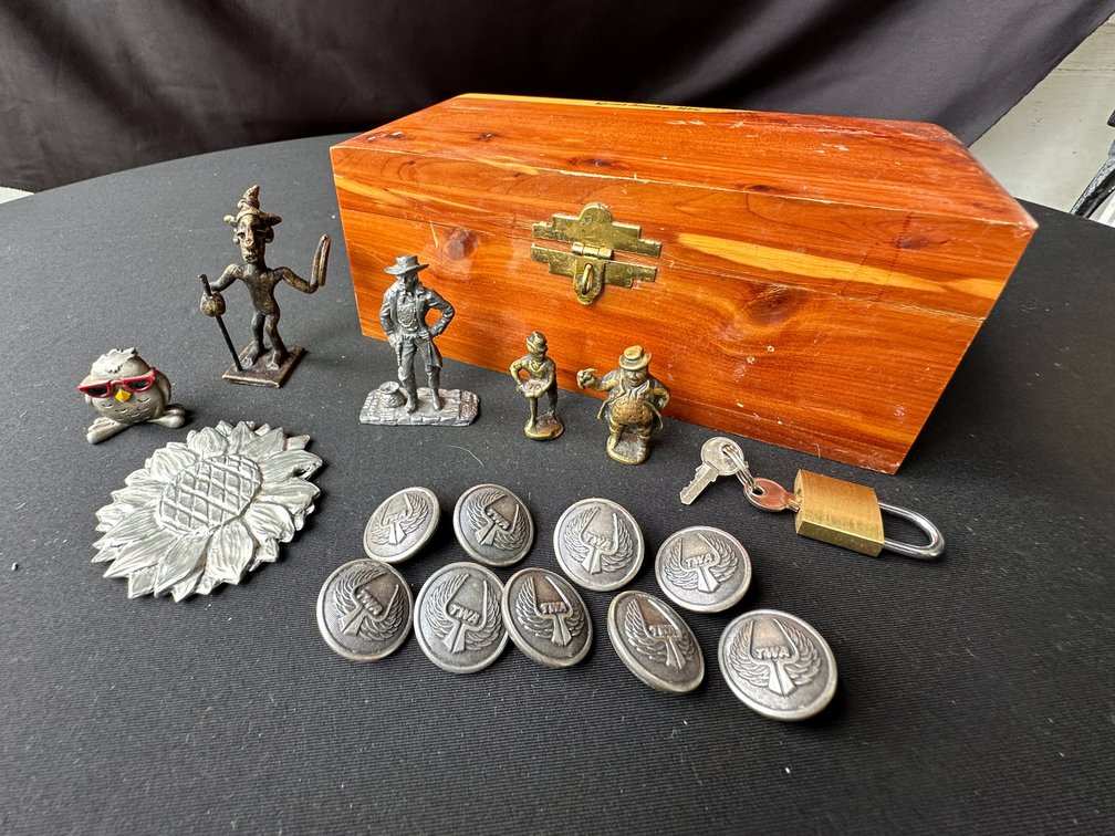 Cedar Box, TWA Buttons, Miniature Figurines, and More
