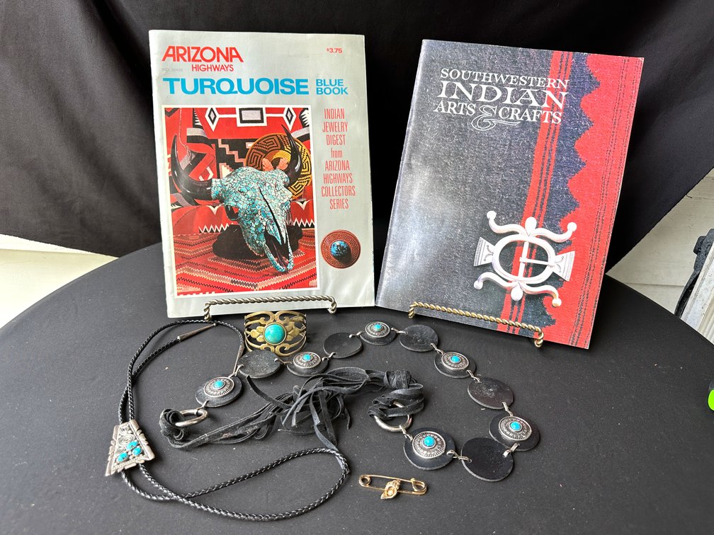 Southwestern Books, Turquoise Bolo Tie, Cuff Bracelet, and Belt
