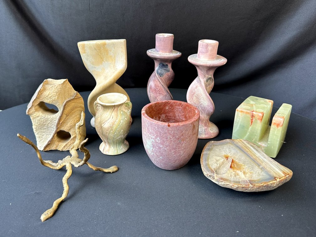 Carved Stone Candlesticks, Vases, and Brass Stand