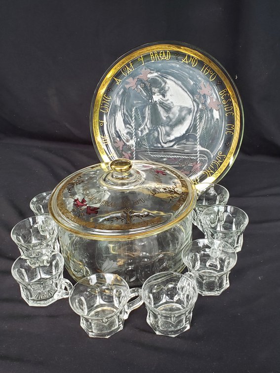 Gay Fad Glass Punch Bowl Set with Platter and Cups