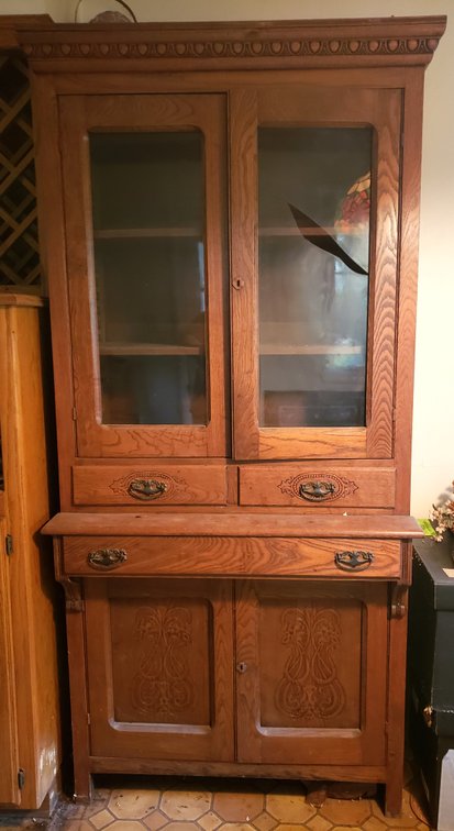 Carved Oak Step-Back Hutch Cabinet