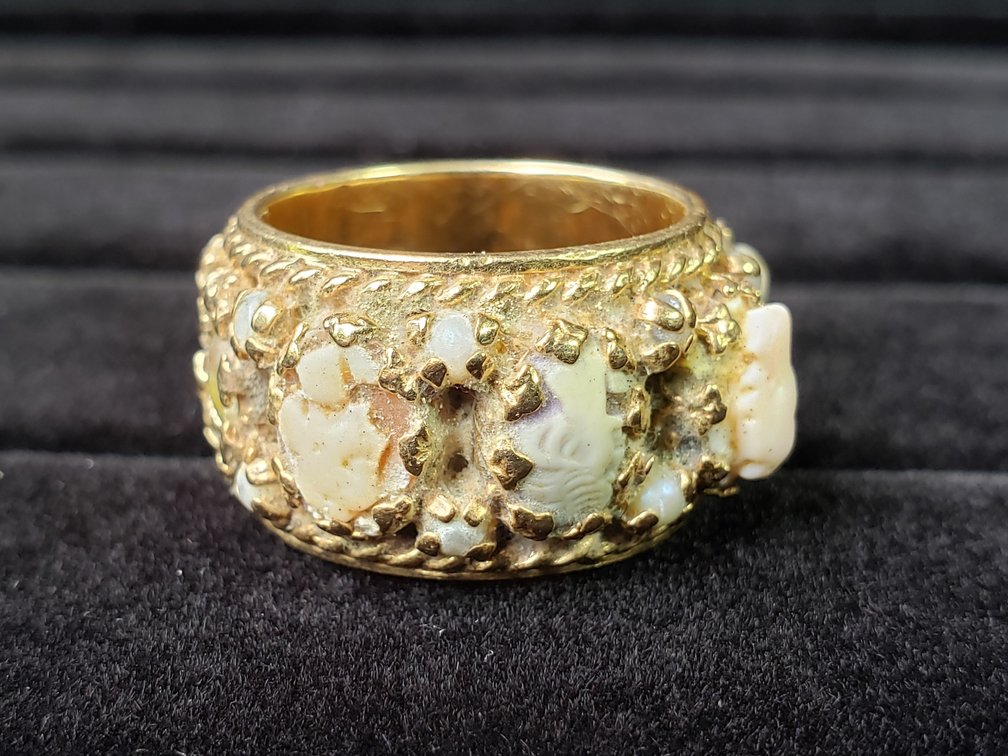 10K Wide Band Ring with Carved Cameo and Seed Pearls