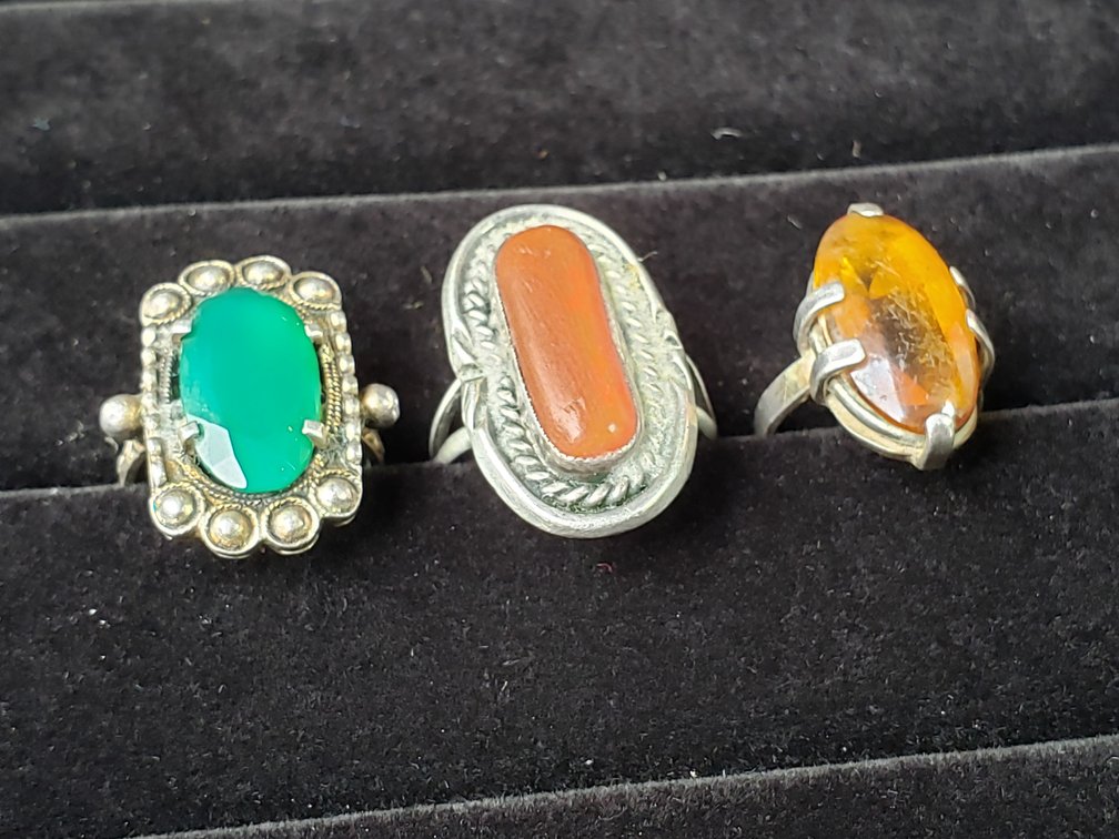Three Sterling and Silver-Tone Stone Rings
