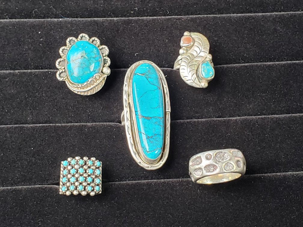 Five Silver-Tone Rings with Turquoise and Coral Accents