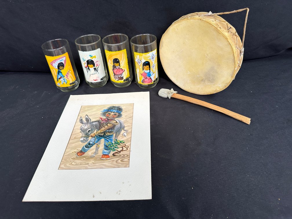 Matted Art Print, Glass Tumblers, and Rawhide Drum