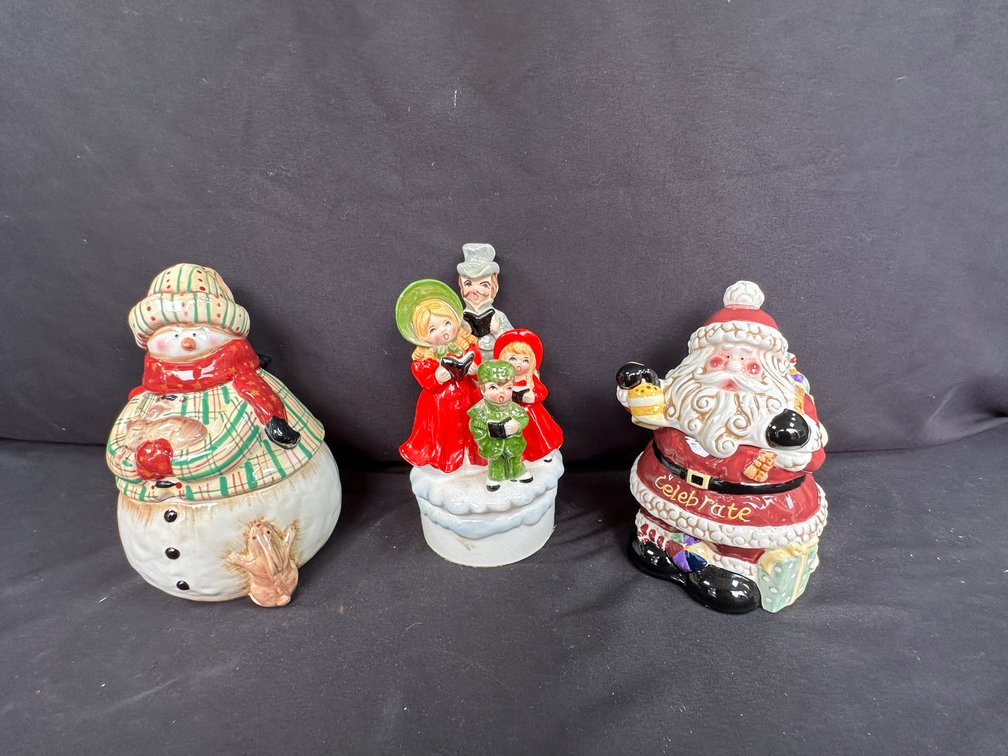 Ceramic Holiday Lidded Jars and Caroler Music Box