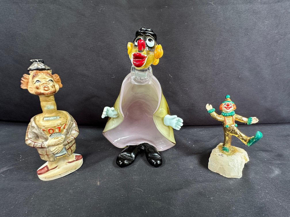 Blown Glass Clown, Judi Originals Clown, and Ceramic Figurine