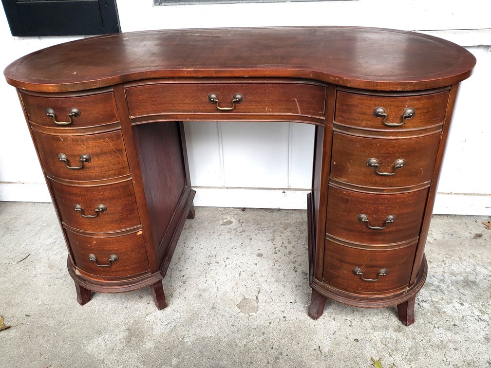 Kidney-Shaped Wood Pedestal Desk with Inset Leather Top