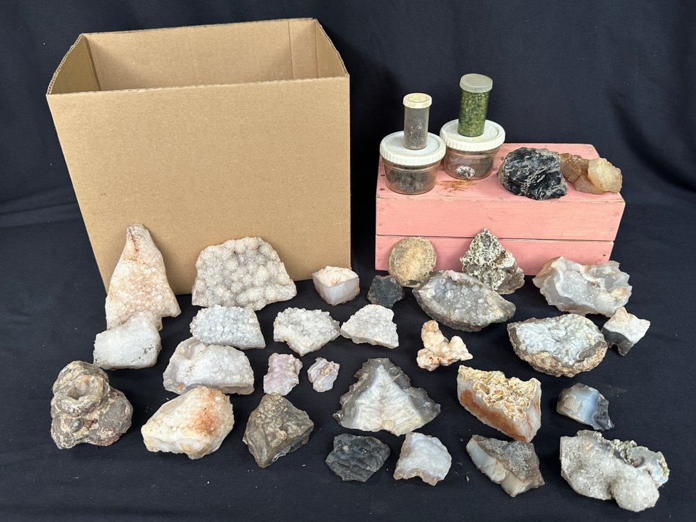 Quartz, Agate, and Mineral Specimens with Storage Containers