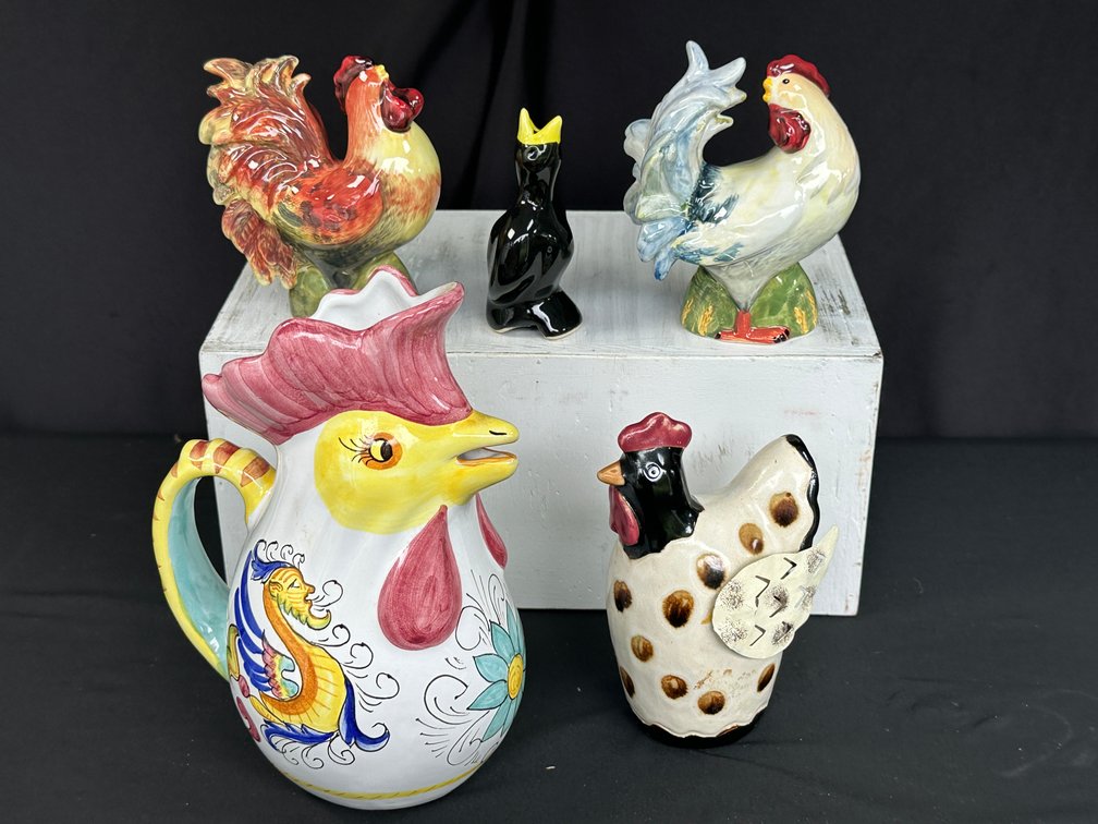 Ceramic Rooster Pitcher, Shakers, and Bird Figurines