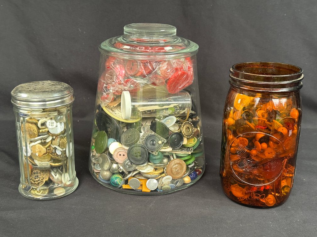 Three Glass Jars of Buttons and Sewing Notions