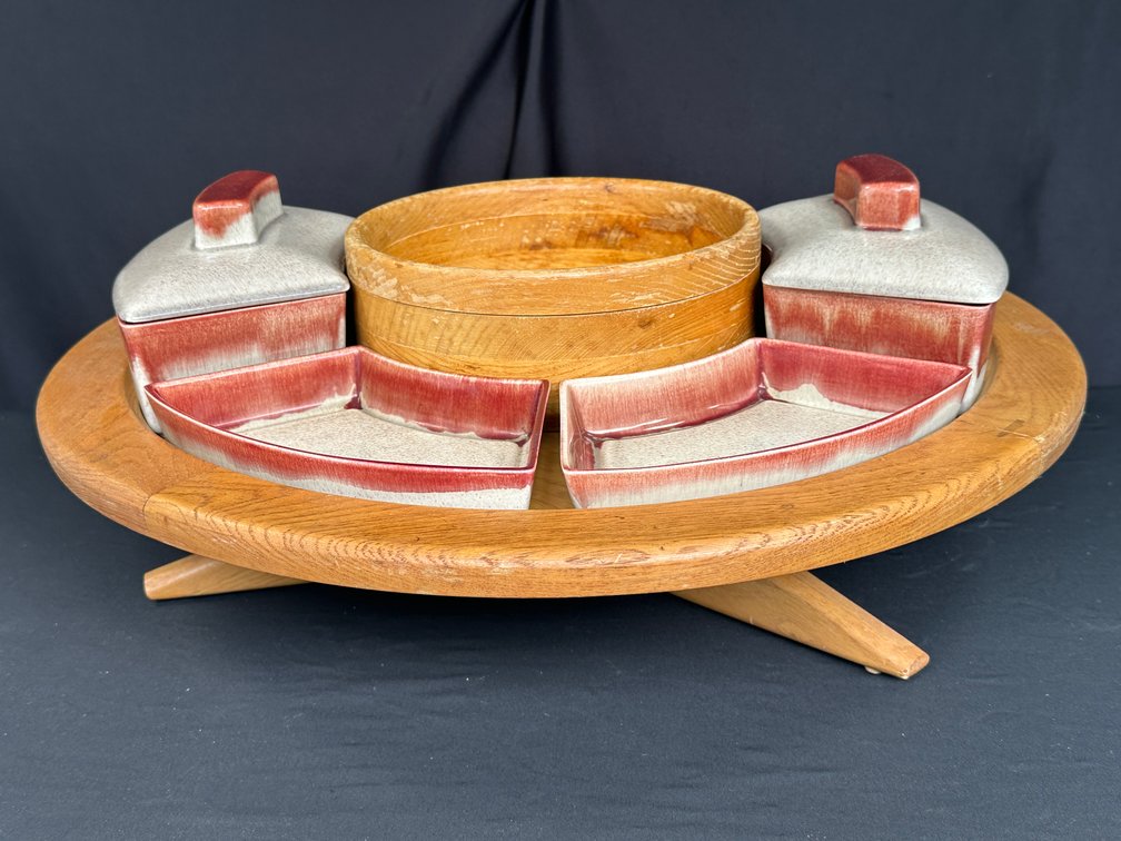 Vintage Wood and Ceramic Lazy Susan Divided Serving Set