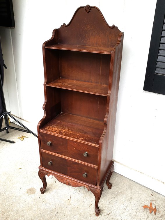 Carved Wood Etagere Shelf with Two Drawers