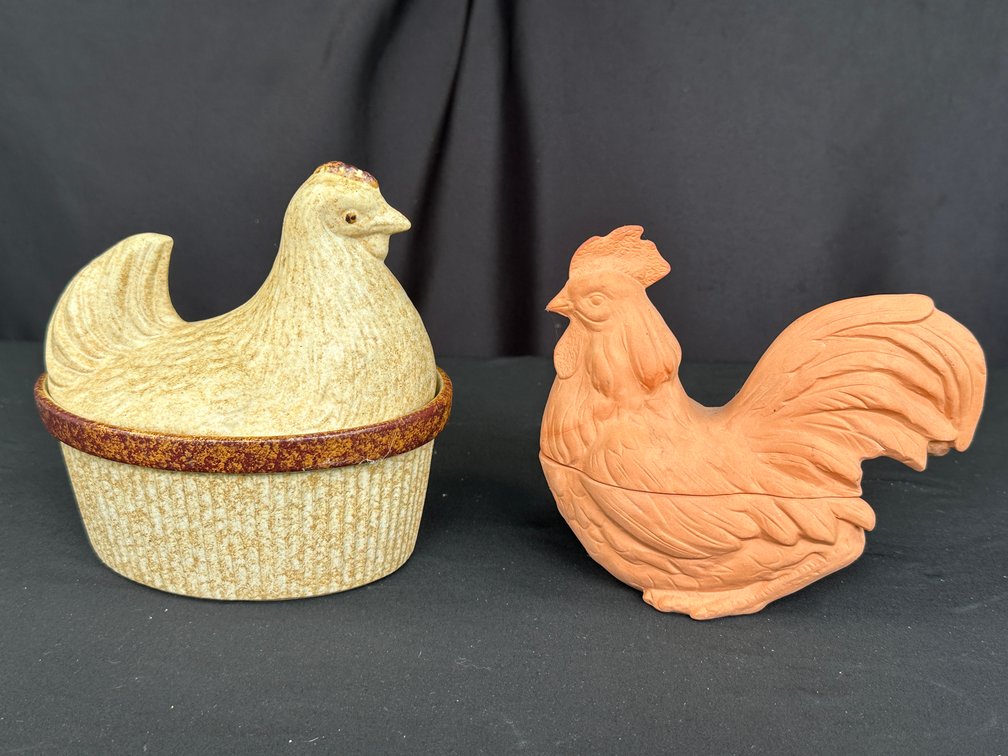 Ceramic Hen on Nest and Terracotta Rooster Covered Dishes