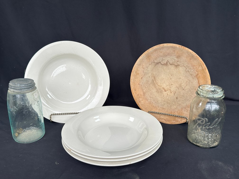 Ceramic Soup Bowls, Glass Canning Jars, and Wooden Bowl