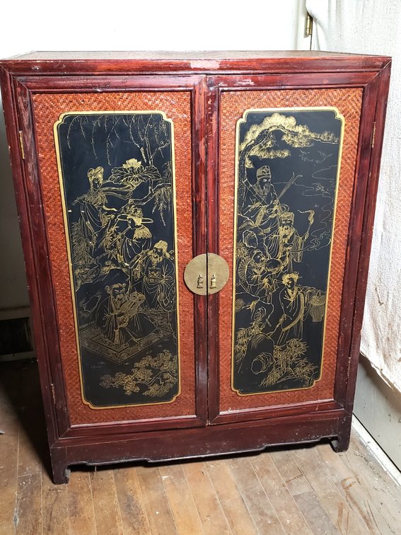 Chinese Style Two-Door Wood Cabinet with Woven Panels