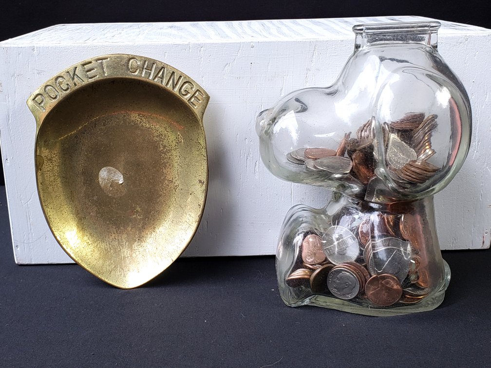 Snoopy Molded Glass Coin Bank and Brass Pocket Change Tray