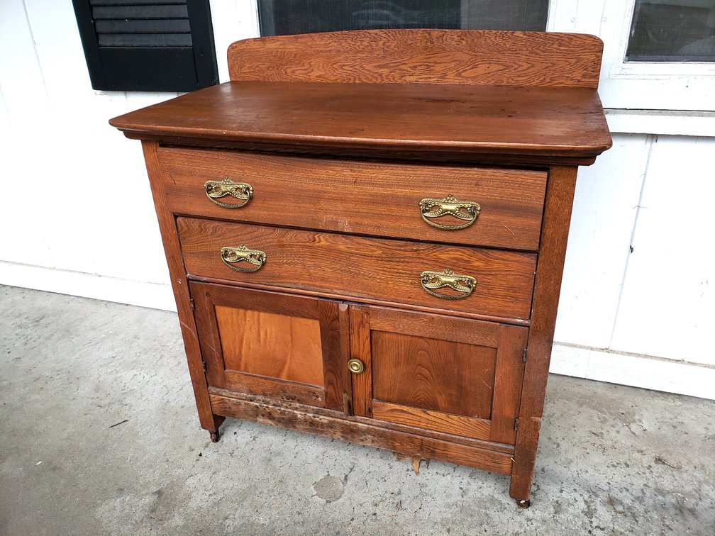 Oak Washstand Cabinet with Drawers and Cupboard