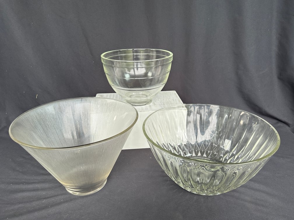 Clear Glass Mixing, Ribbed, and Molded Bowls