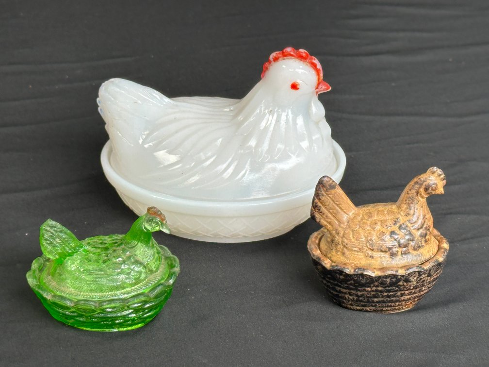 Glass and Ceramic Hen-on-Nest Covered Dishes