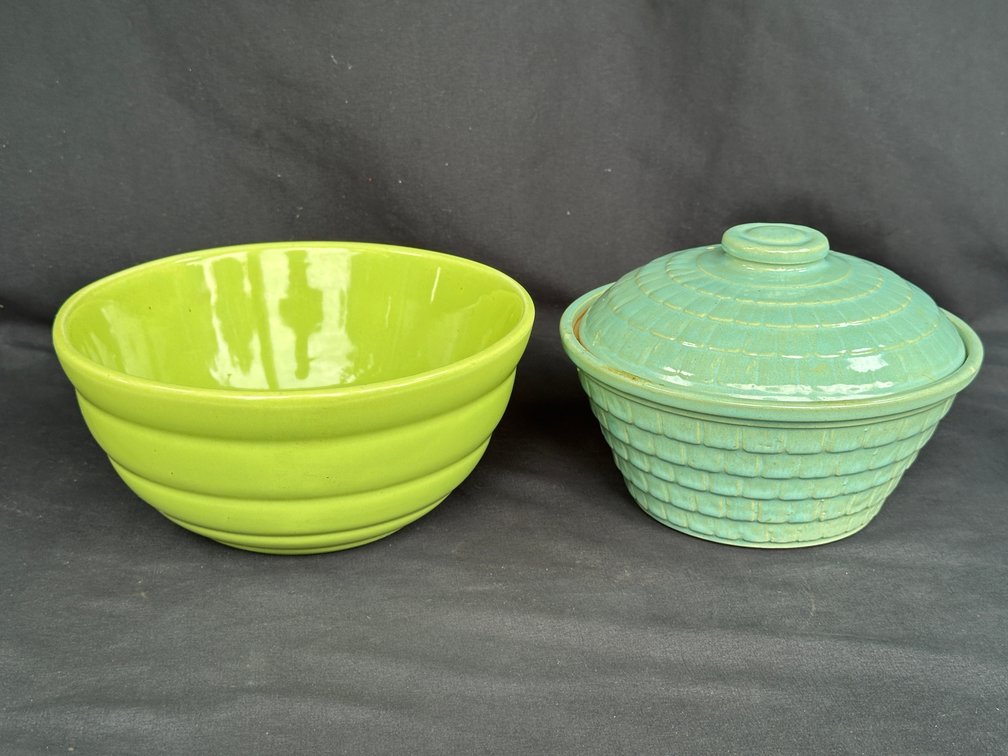 Glazed Ceramic Ribbed Bowl and Covered Dish