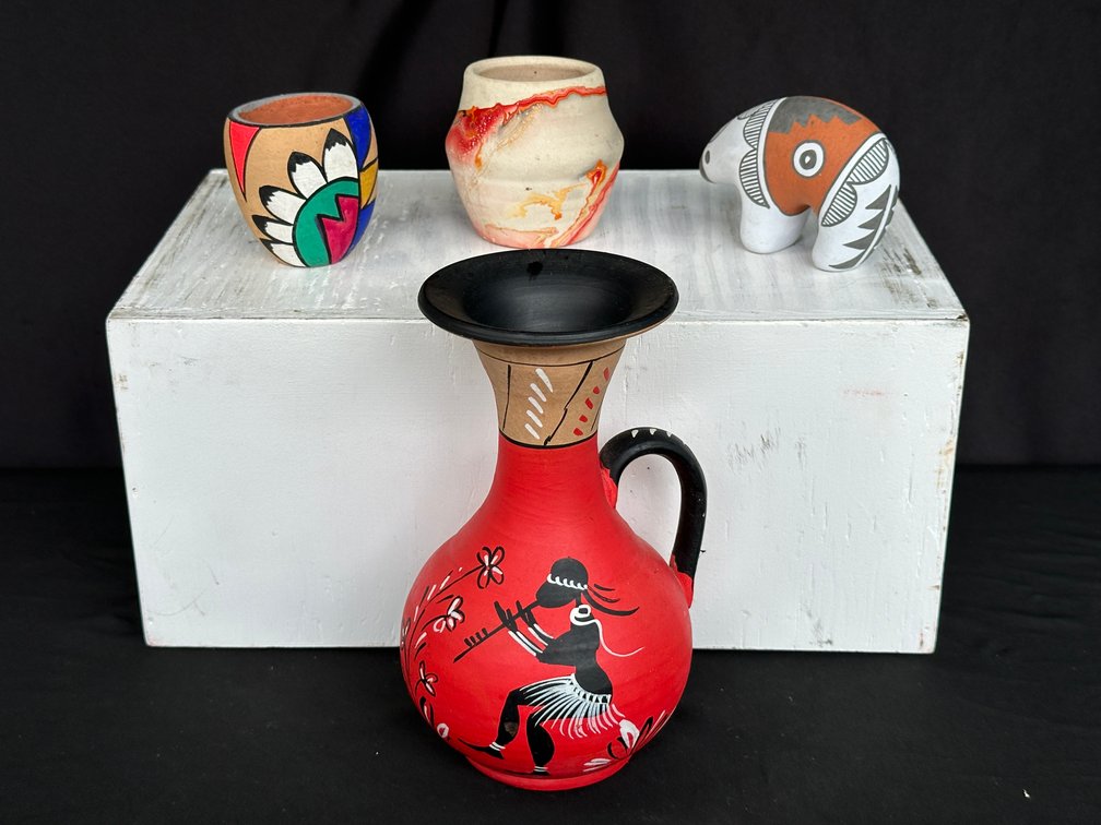 Ceramic Pitcher, Marbled Vase, Small Pot, and Bear Figurine