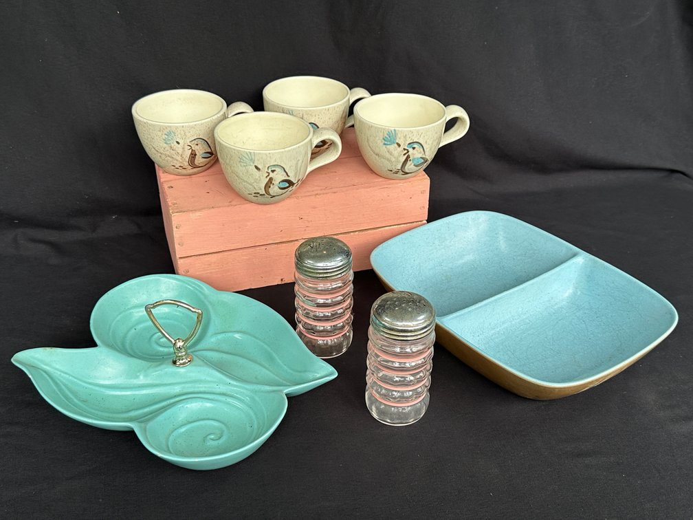 Vintage Ceramic Bird Motif Cups, Divided Dishes, and Glass Shakers