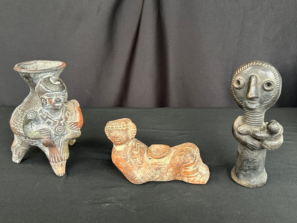 Ceramic Figural Tripod Vessel and Figurines