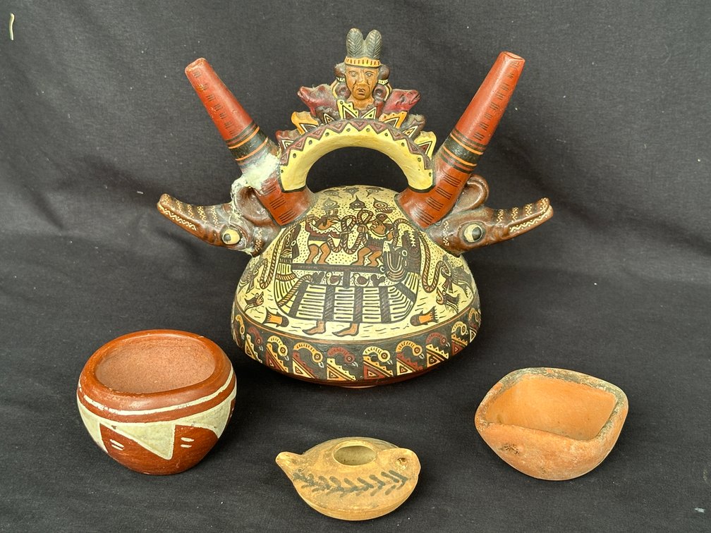 Ceramic Bridge-Spout Vessel, Terracotta Bowls, and Oil Lamp