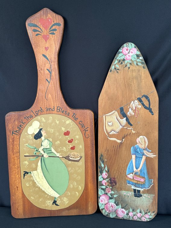 Hand-Painted Wooden Paddle and Ironing Board Wall Plaques