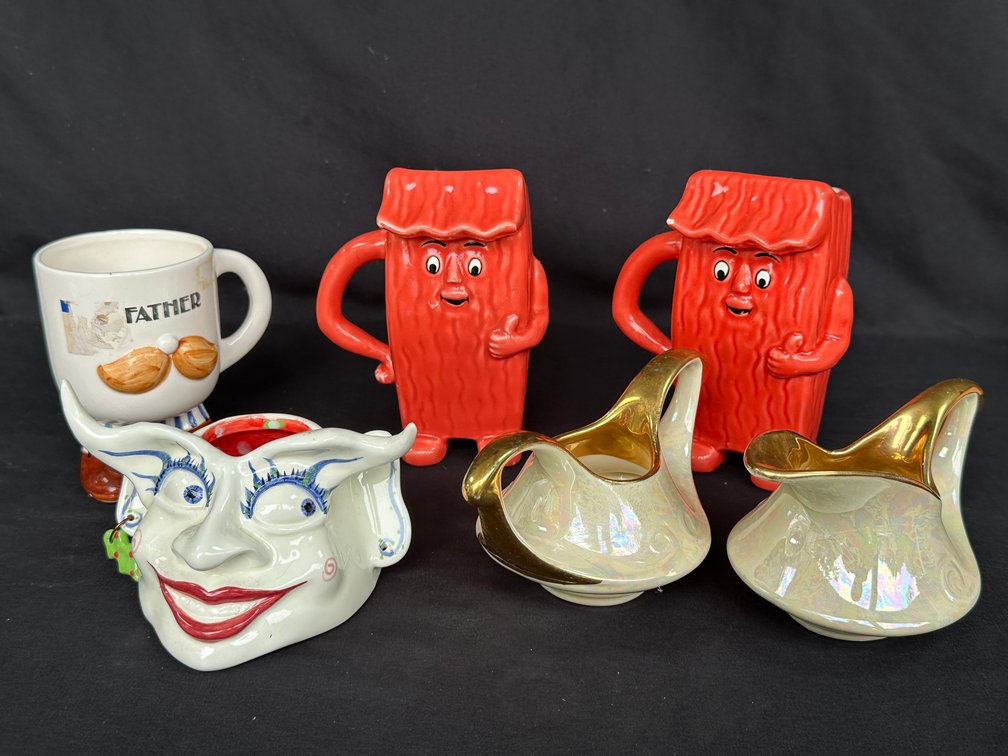 Ceramic Novelty Mugs, Lusterware Creamers, and Face Vessel