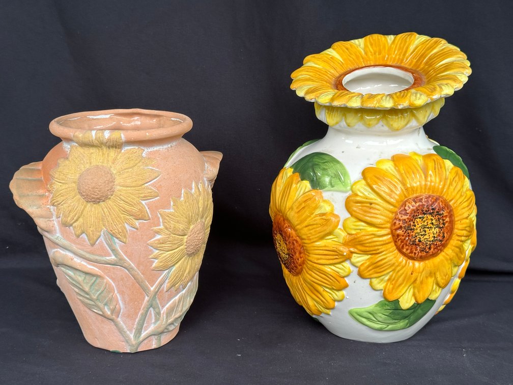 Two Ceramic Sunflower Motif Relief Vases