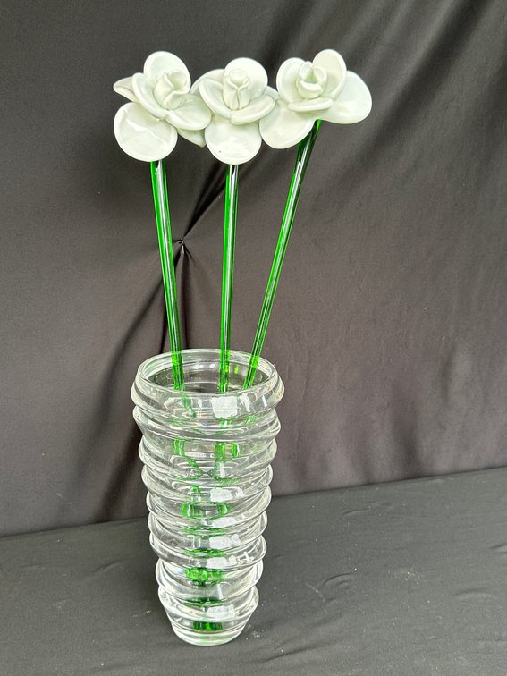 Clear Glass Ribbed Vase and Three Art Glass Flowers