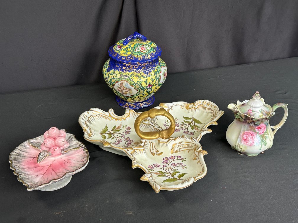 Porcelain Divided Dish, Covered Jar, Pitcher, and Leaf Dish