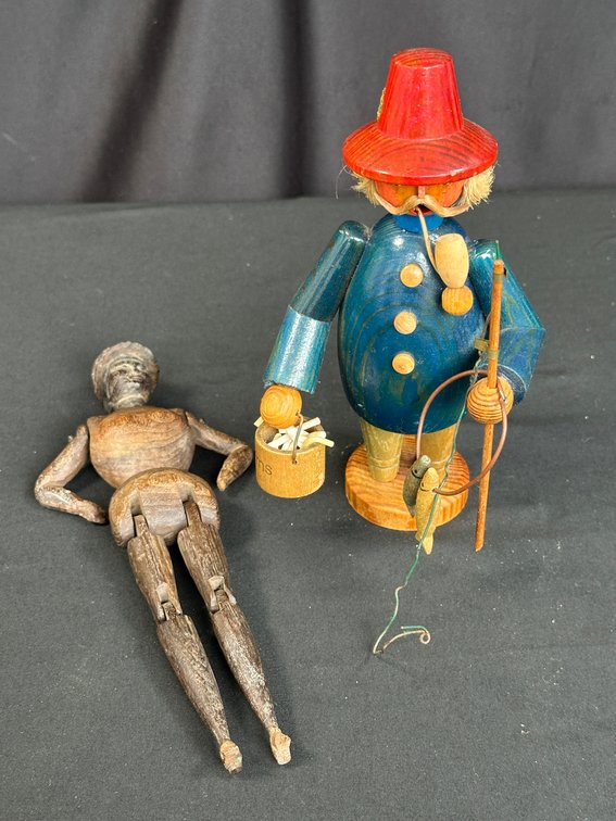 Carved Wood Articulated Figure and Fisherman Smoker