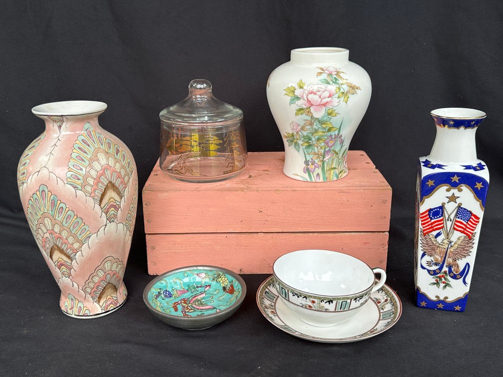 Decorative Porcelain Vases, Glass Jar, Dish, and Teacup
