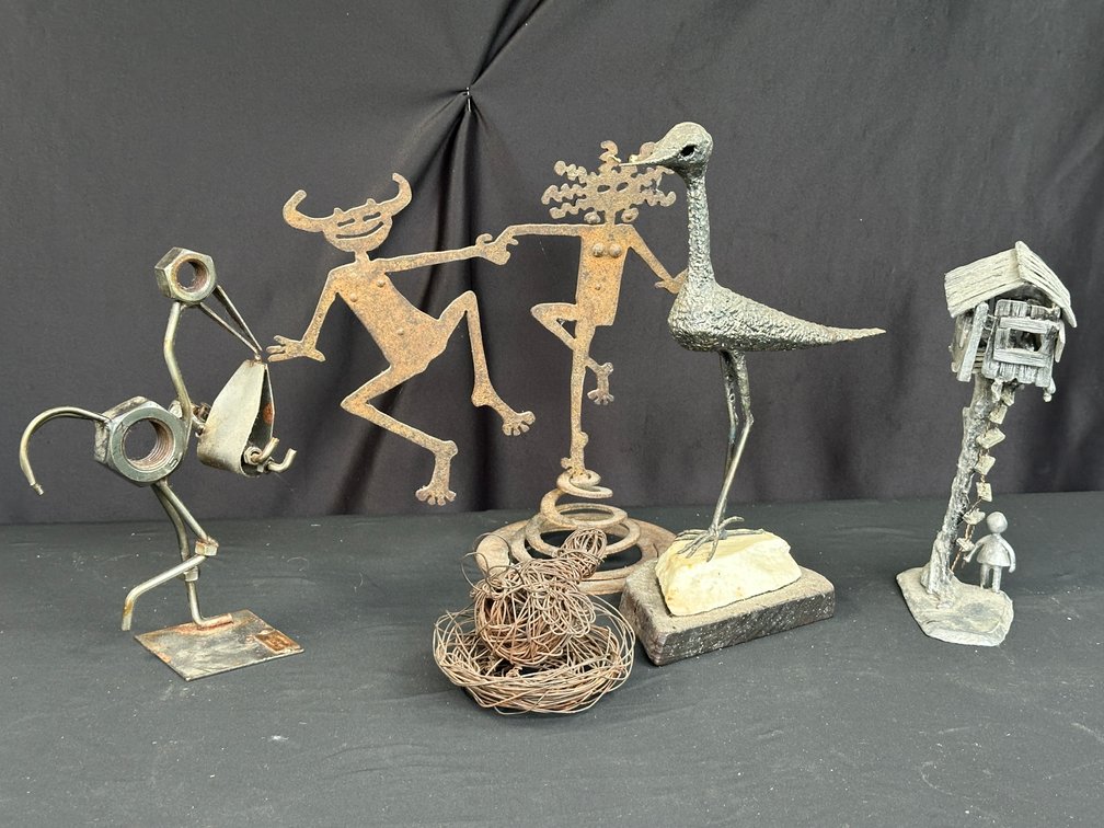 Metal Bird and Figural Sculptures, Pewter Treehouse, and More