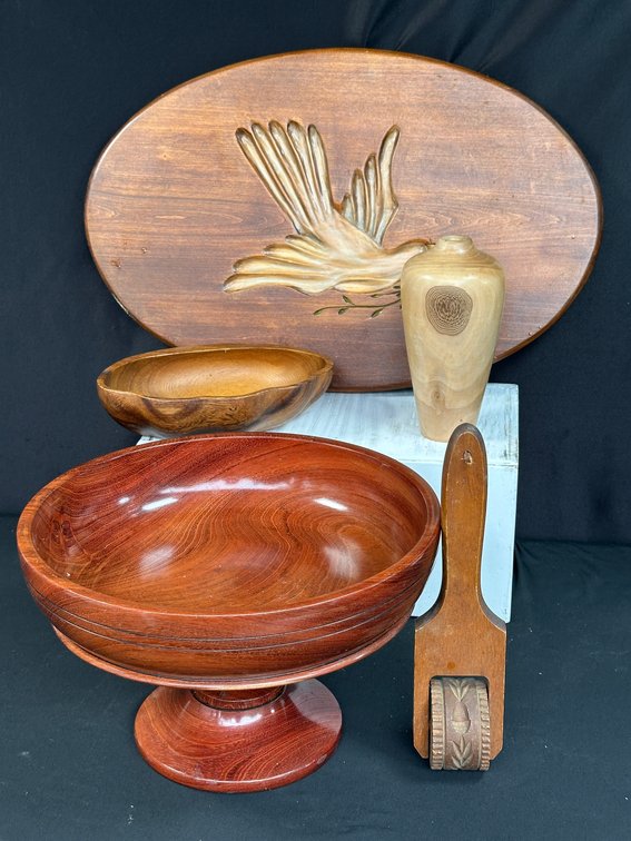 Turned Wood Pedestal Bowl, Carved Plaque, and Wooden Decor