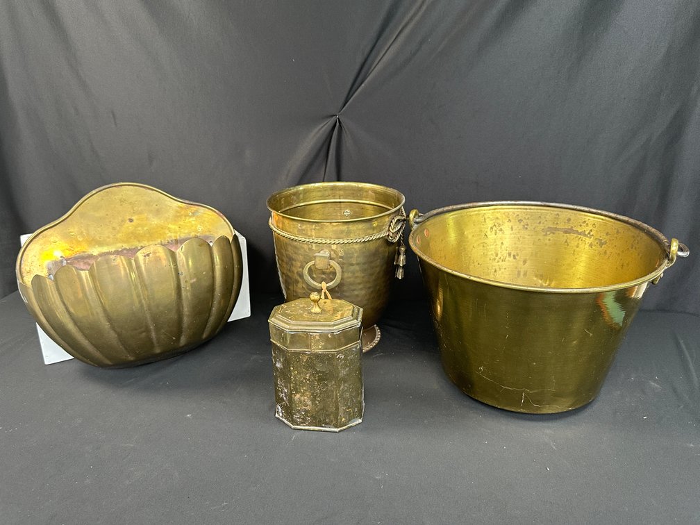 Brass Planter, Buckets, and Lidded Caddy