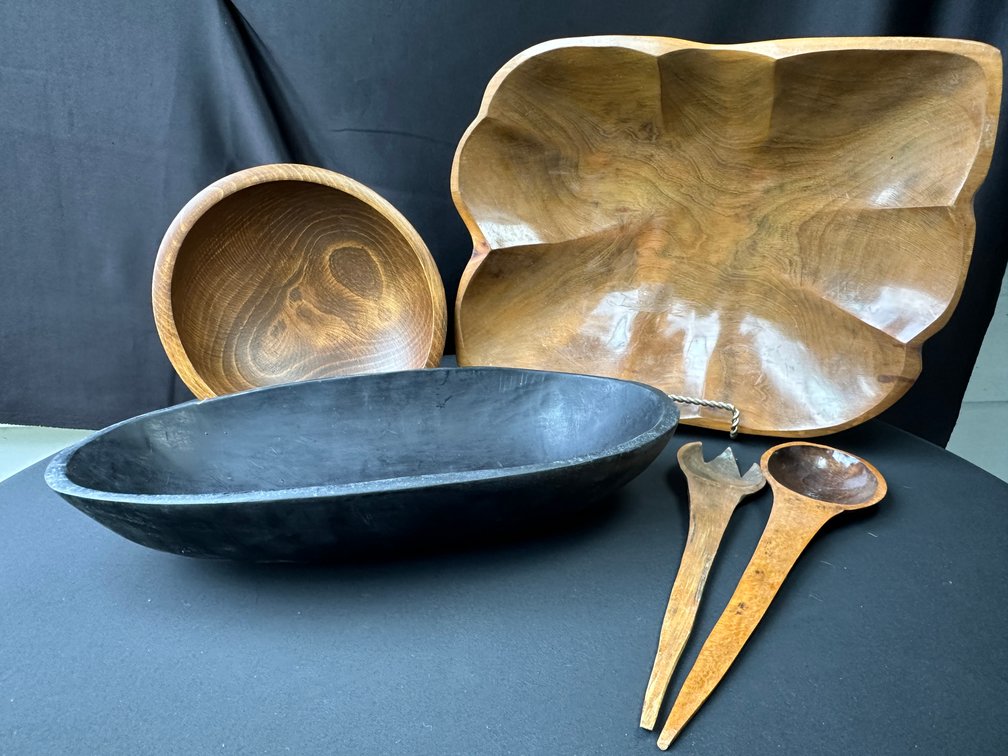 Carved Wooden Bowls and Two-Piece Salad Server Set