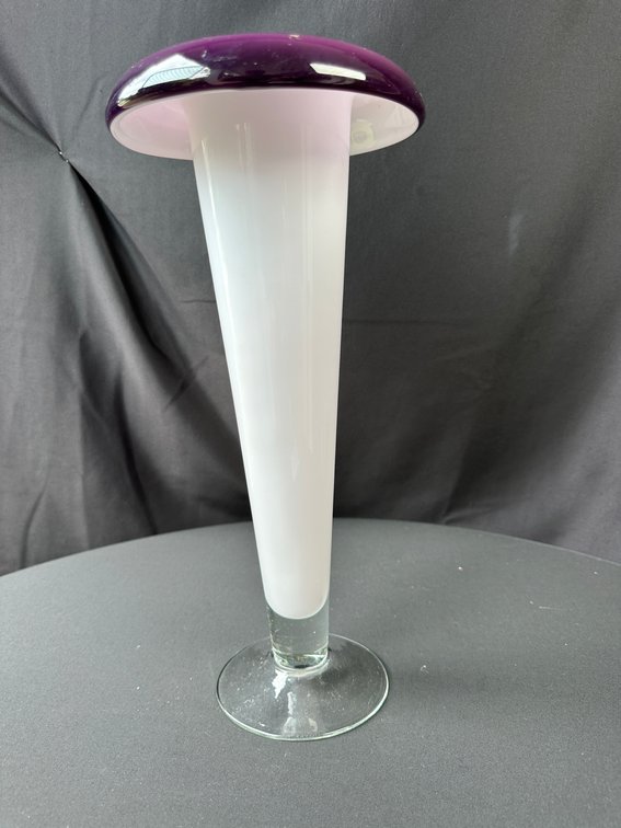 Blown Art Glass Trumpet Vase with Purple Flared Rim