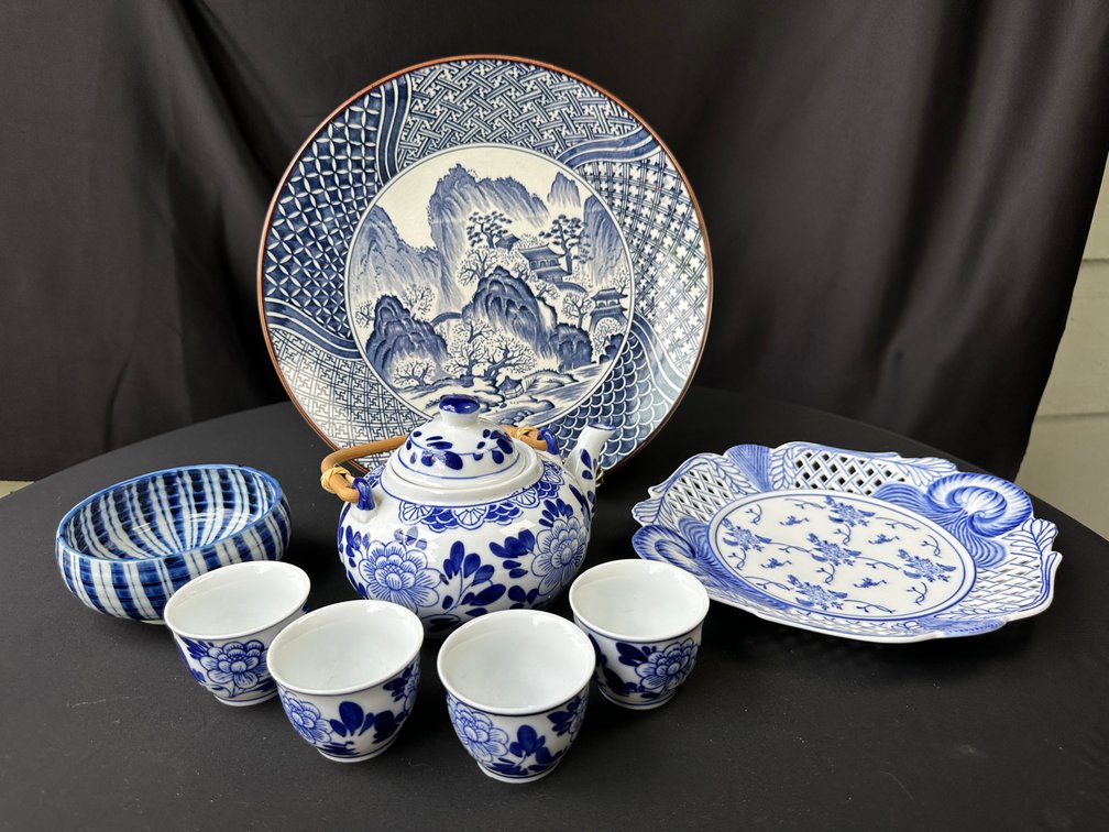 Blue and White Porcelain Tea Set, Charger, and Tableware