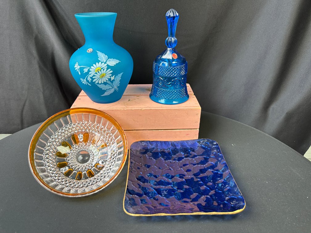 Glass Floral Vase, Bell, Footed Bowl, and Square Dish