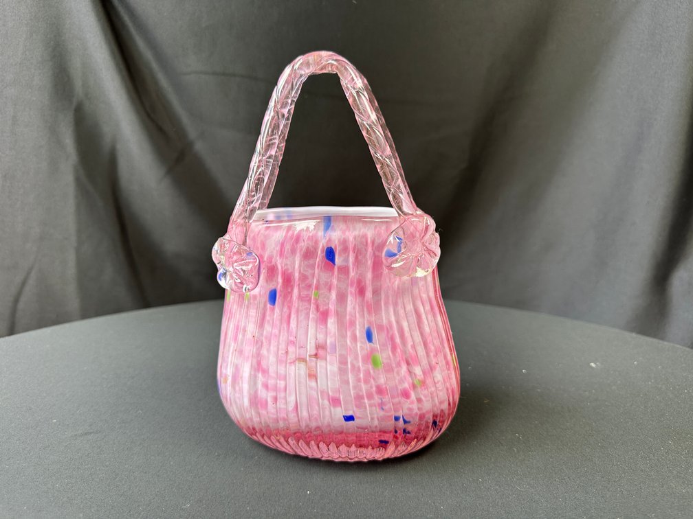 Pink Spatter Art Glass Basket with Twisted Handle