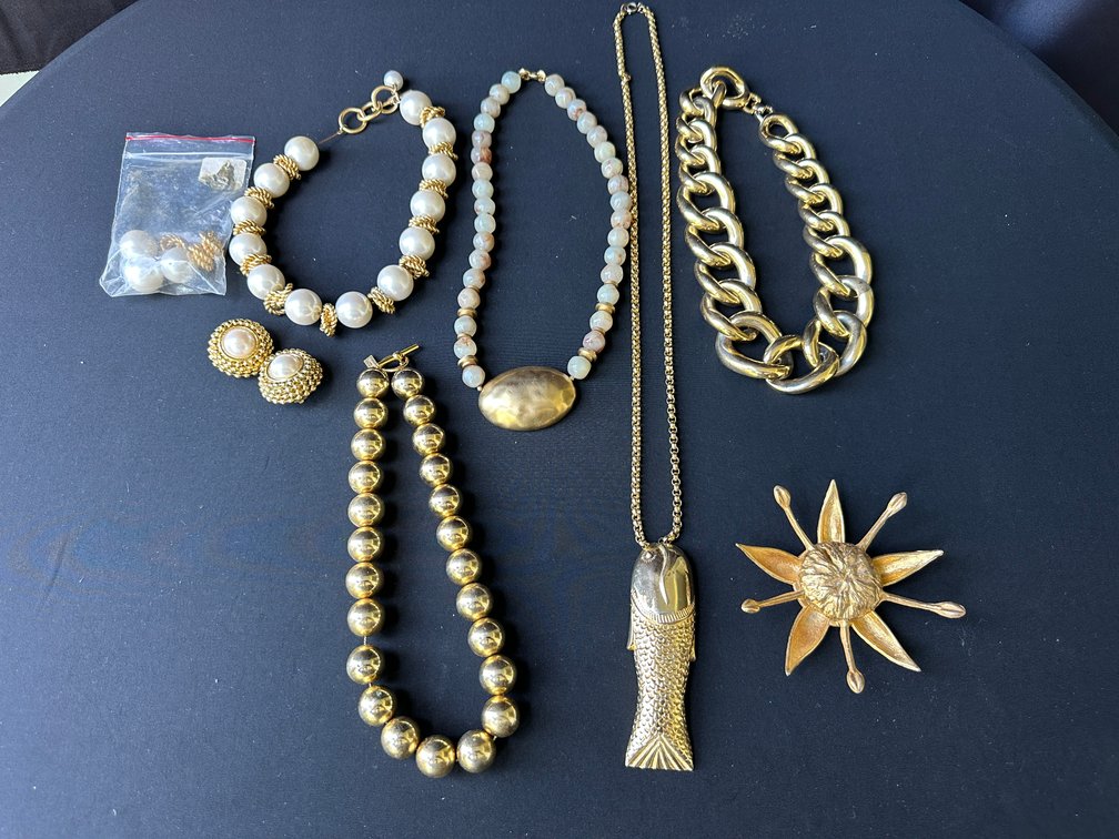 Gold-Tone and Faux Pearl Necklaces, Brooch, and Clip Earrings