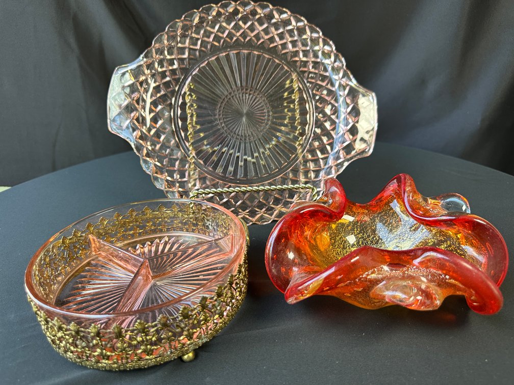 Pink Pressed Glass Tableware and Ruffled Art Glass Bowl