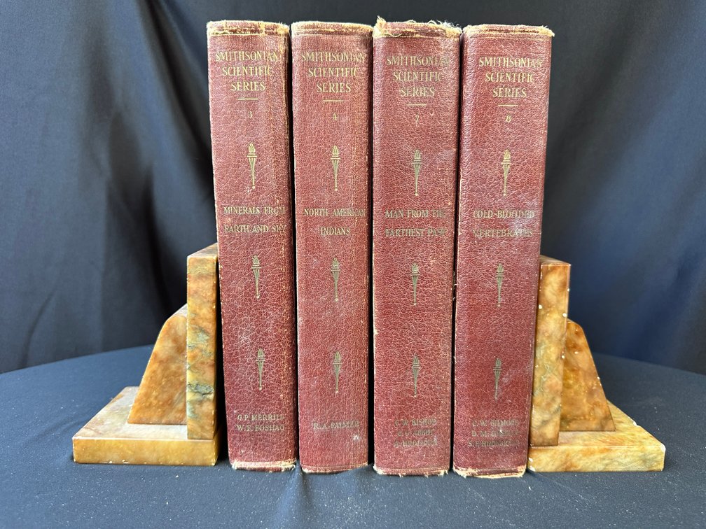 Hardcover Books and Pair of Carved Stone Bookends