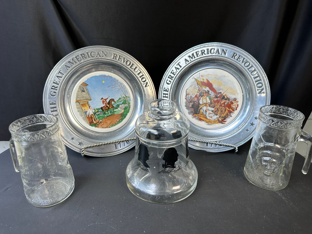 Commemorative Plates, Glass Lidded Jar, and Glass Mugs